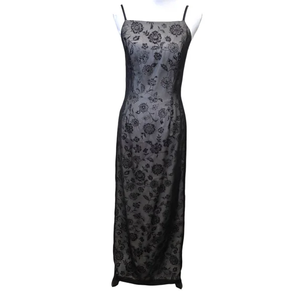 Morgan And Co Elegant Black Floral Lace Evening Dress Maxi Size 7/8 - Picture 1 of 12
